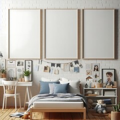 bedRoom with a mockup poster empty white and sets have mockup poster empty white have mockup poster empty white with a bed and a desk and a chair attractive image art.