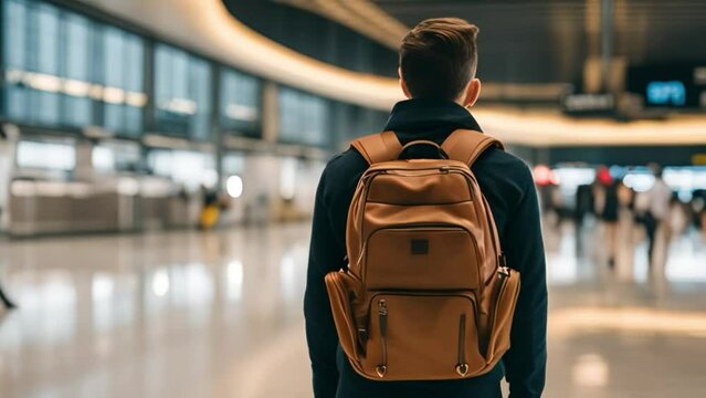 Young man with backpack looking at flight information at airport, flight schedule search for traveler concept