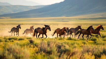 Animal: A herd of wild horses galloping across an open plain