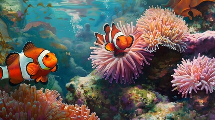 Fish: A pair of clownfish hiding among sea anemones
