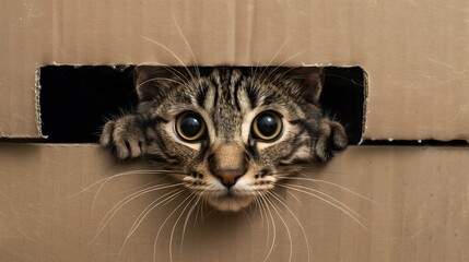 Pets: A curious tabby cat peeking out of a cardboard box