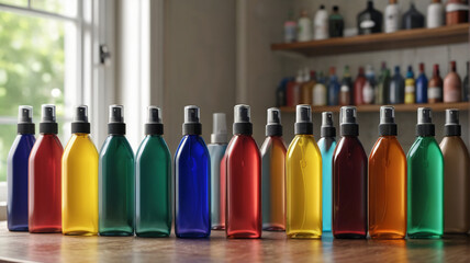 Several colorful liquid containers standing on a table, Generative AI.


