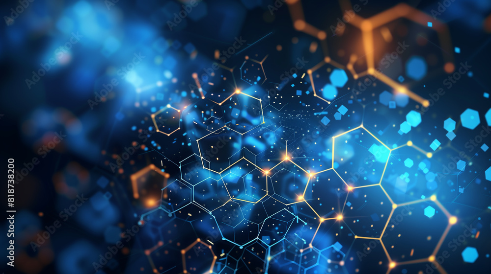 Poster a blue and orange image of a cell with a lot of dots. the image is abstract and has a futuristic fee