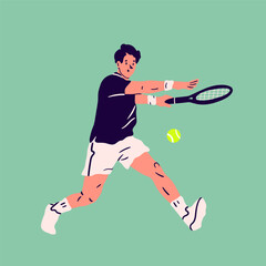 Man playing Tennis. Person moving in action. Sportsman holding racket and hitting ball. Isolated design element. Cartoon flat style. Hand drawn modern Vector illustration. Logo, icon, print template