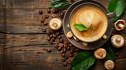 A cup of coffee with mushrooms and green leaves on a wooden table, shown from above in a flat lay shoot