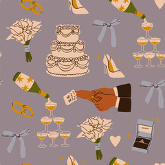 Wedding set. Cake, rings, shoe, champagne, holding hands, bouquet. Hand drawn trendy Vector illustration. Party, proposal, wedding, anniversary, celebration concept. Square seamless Pattern