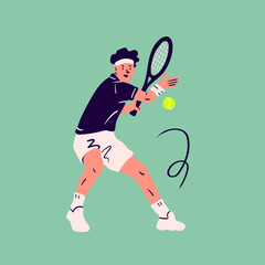 Man playing Tennis. Person moving in action. Sportsman holding racket and hitting ball. Isolated design element. Cartoon flat style. Hand drawn modern Vector illustration. Logo, icon, print template