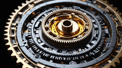 Obraz premium Golden gears stacked on top of each other, perfect for a watchmaker, Generative AI.