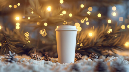Paper cup and coffee. Coffee cup. Background with Christmas festival lights. disposable paper