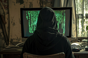 a person in a hoodie looking at a computer screen