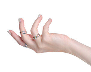 Female hand with silver rings on white background isolation