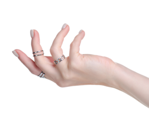 Female hand with silver rings on white background isolation