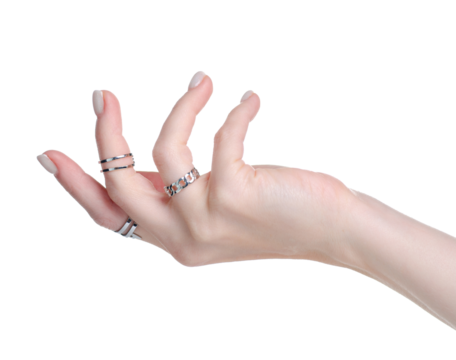Female hand with silver rings on white background isolation