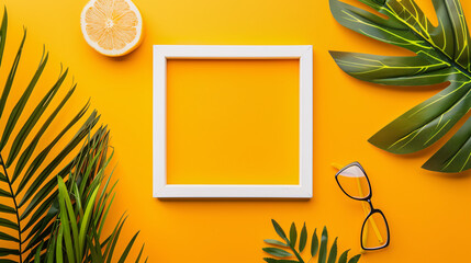 a white frame with a lemon slice next to a pair of glasses