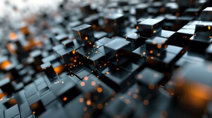 Abstract 3D rendering of a surface made of black cubes with glowing orange particles. Futuristic...