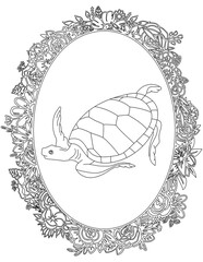 Sea Turtle in A Floral Frame Coloring Page. Printable Coloring Worksheet for Kids. Educational Resources for School and Preschool.