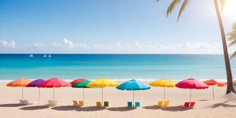 Fototapeta na wymiar beautiful beach with umbrellas and chairs on the sea shore