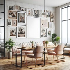 A Room with a mockup poster empty white and with a table and chairs in office realistic lively realistic has illustrative.