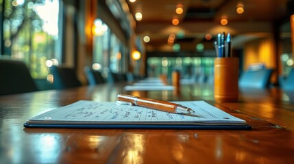 Education podium with a notepad and a pen in a quiet study room text