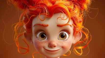 3D rendering of a cute cartoon girl with red curly hair and green eyes. She has a happy expression on her face and is looking at the viewer.