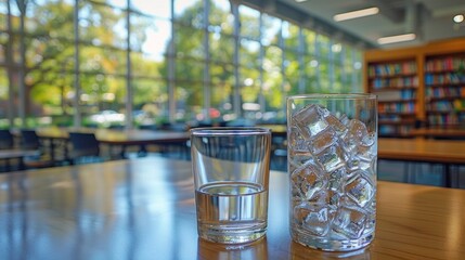 Podium with a tablet and a glass of water in an innovative learning space text