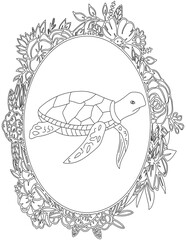 Sea Turtle in A Floral Frame Coloring Page. Printable Coloring Worksheet for Kids. Educational Resources for School and Preschool.
