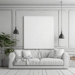 A white couch and a plant in a Room with a mockup poster empty white and realistic has illustrative card design realistic card design.