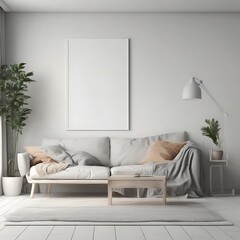 A white living Room with a mockup poster empty white and with a couch and a coffee table realistic has illustrative card design meaning used for printing.