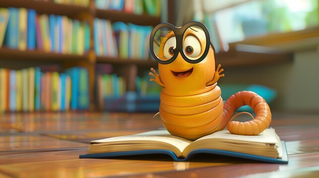 Worm: A cartoon worm wearing glasses and reading a book
