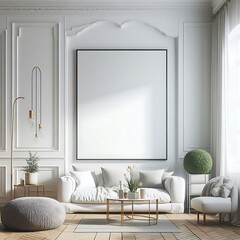A white living Room with a mockup poster empty white and with a large picture frame realistic has illustrative card design used for printing harmony.