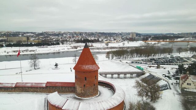 Drone view of Kaunas Castle in Kaunas old town, Lithuania during winter