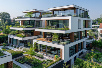 Luxurious Apartments with Balconies Overlooking Garden Spaces, Ideal for Features on Innovative Housing, Luxury Lifestyles, and Green Architecture. Created with Ai