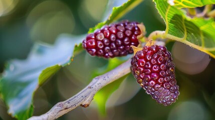 Close-up of a branch with two ripe mulberries. The mulberries are dark purple and juicy-looking, with a few green leaves in the background.
