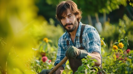 A young male gardener is working in a lush garden. He is wearing a plaid shirt and jeans, and he is holding a shovel.