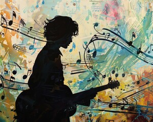 Silhouetted Musician Amid Vibrant Musical Backdrop