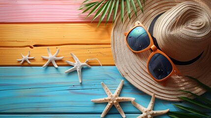 Obraz premium Colorful Summer Sale background Sea accessories on a bright, festive wooden floor.