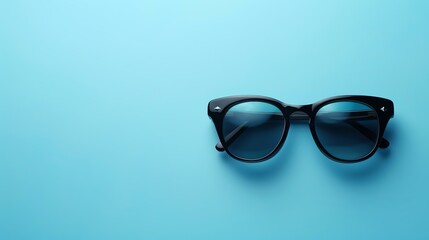 Black plastic sunglasses with blue lenses on a blue background.