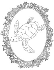 Sea Turtle in A Floral Frame Coloring Page. Printable Coloring Worksheet for Kids. Educational Resources for School and Preschool.