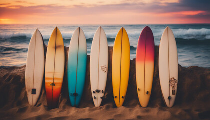 A set of surfboards resting against the vibrant sunset over the ocean
