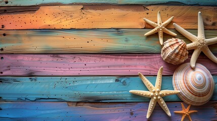 Colorful Summer Sale background Sea accessories on a bright, festive wooden floor.