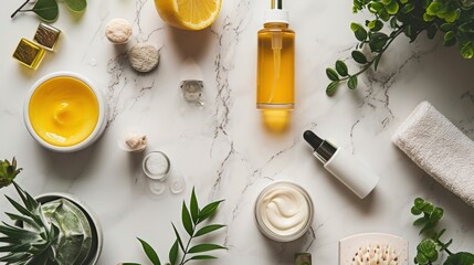 Assortment of Natural Skincare and Aromatherapy Products with Fresh Flowers