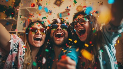 Obraz premium Friends Celebrating Joyously with Confetti and Vibrant Expressions