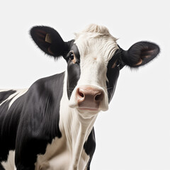 A black and white cow with a white nose and black ears. The cow is looking directly at the camera