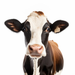 A cow with a tag on its ear is staring at the camera. The cow is black and white with a brown spot on its face