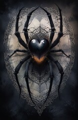 spider with heart-shaped body surrounded by intricate web lace against gloomy background. concepts: Halloween, gothic dark fantasy genres, horror mystery stories, dark themes, sick relationship, abuse