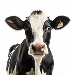 A black and white cow with a tag on its ear. The cow is staring at the camera