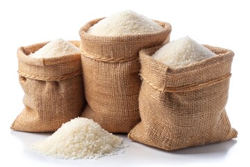 Sugar in burlap sacks, isolated white background. cut out