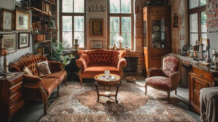 Fototapeta premium Vintage Aesthetic: An elegantly styled vintage living room with antique furniture and classic decor. The warm, nostalgic atmosphere captures the charm and elegance of a bygone era.