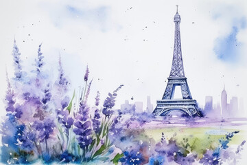 Eiffel Tower and blooming lavender flowers. Paris, France, Watercolor painting, illusrtration. Beautiful background for travel postcard, romantic greeting card, invitation