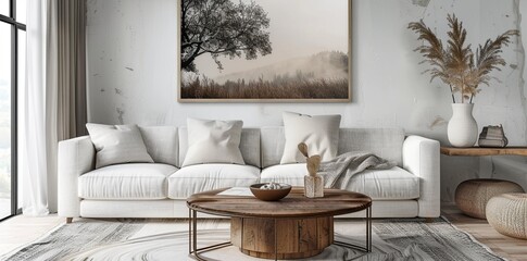 3D rendering of a beautiful interior design with a white sofa and wooden coffee table against a wall with a framed tree landscape painting in the style of artwork